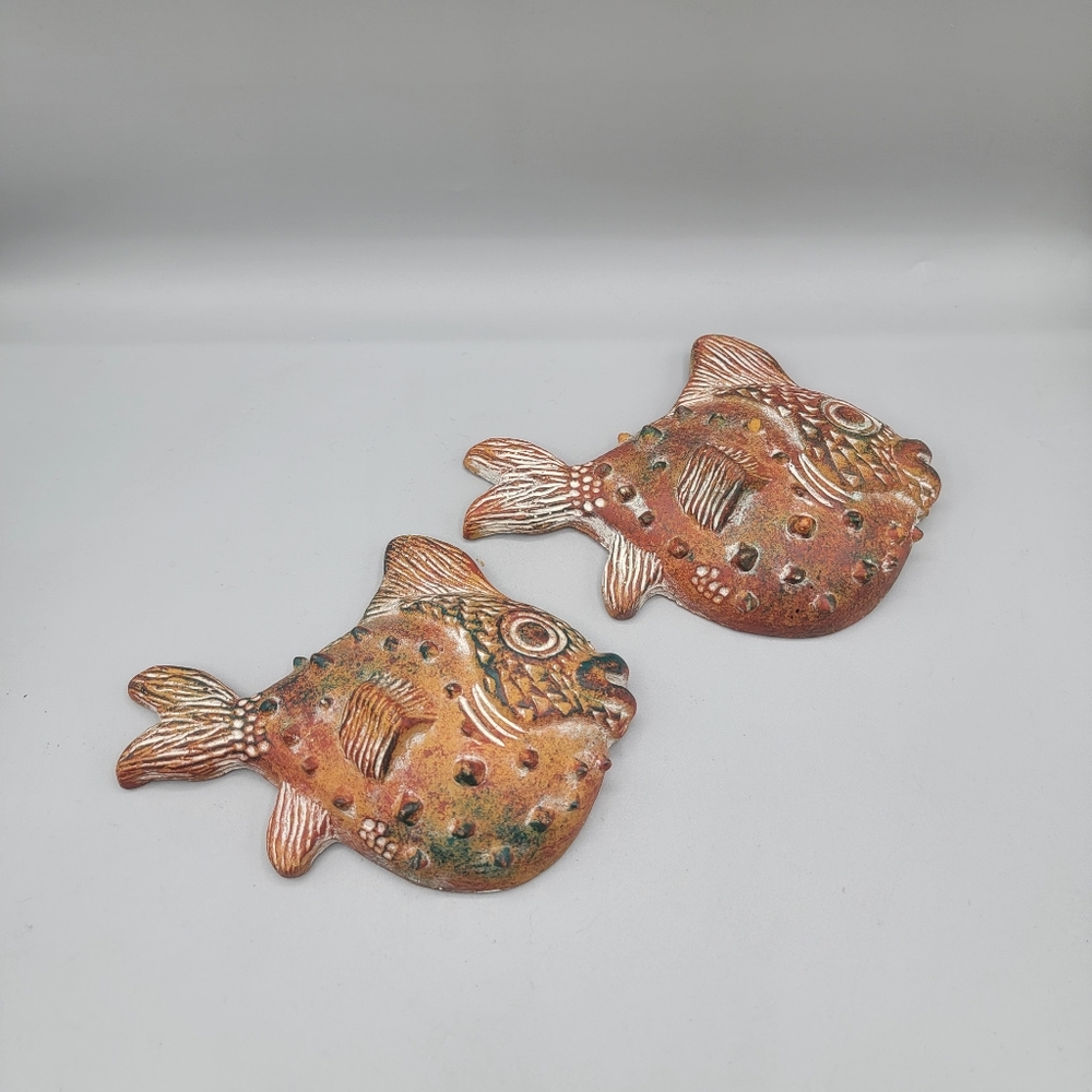 Wall Hanging Pair Ceramic Puffer Fish Textured